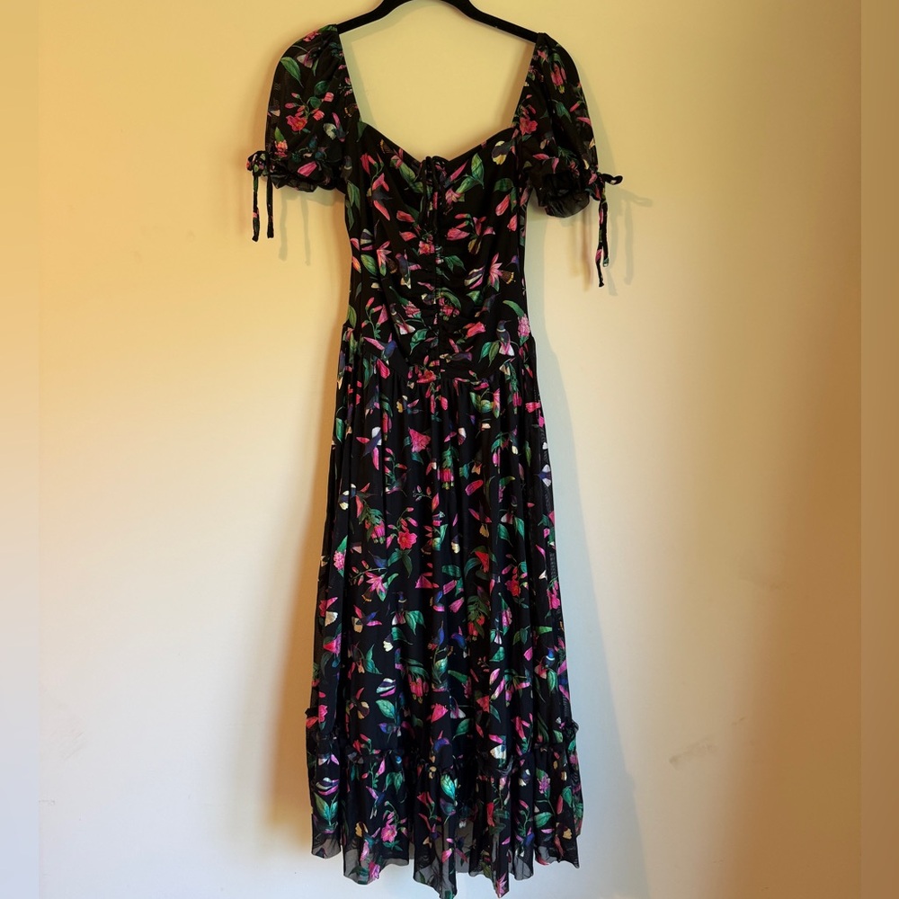 Sweet Silhouette Black Hummingbird Tie Midi Dress, Sheer Cap Sleeves